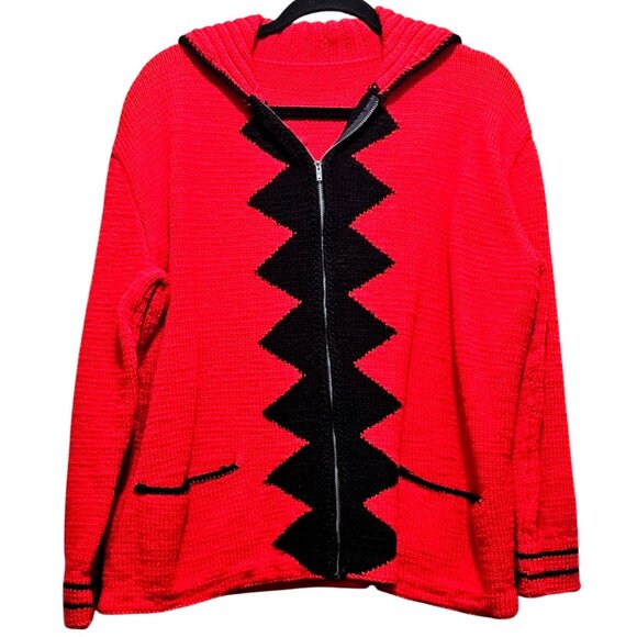Handmade Red & Black Knit Hooded Cardigan With Zigzag Design & Front Zipper Clos - Picture 1 of 8